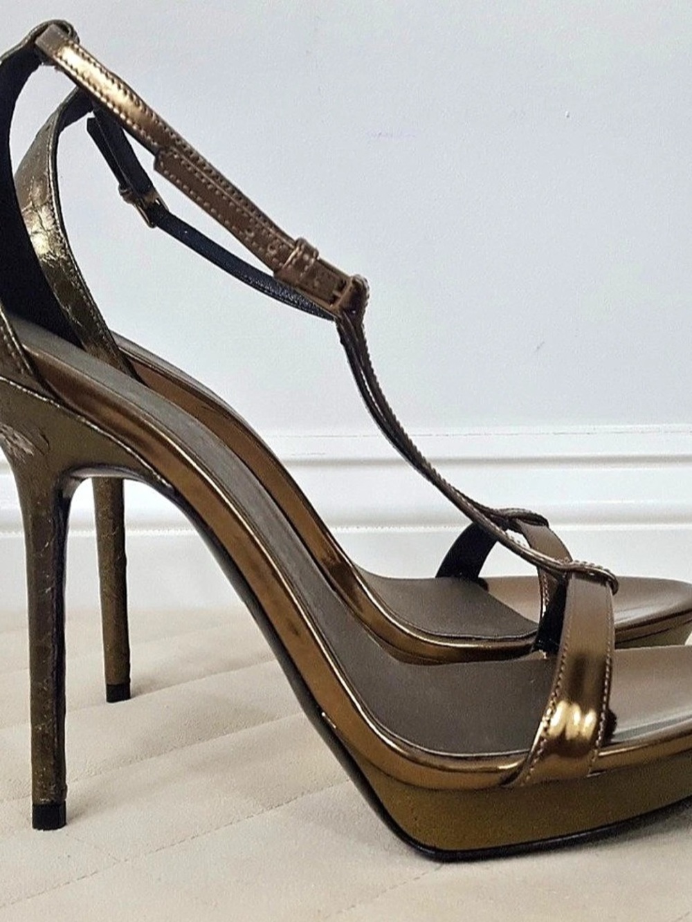 Burberry Metallic Bronze T-Strap Platform Stiletto Heels 7-7.5 US